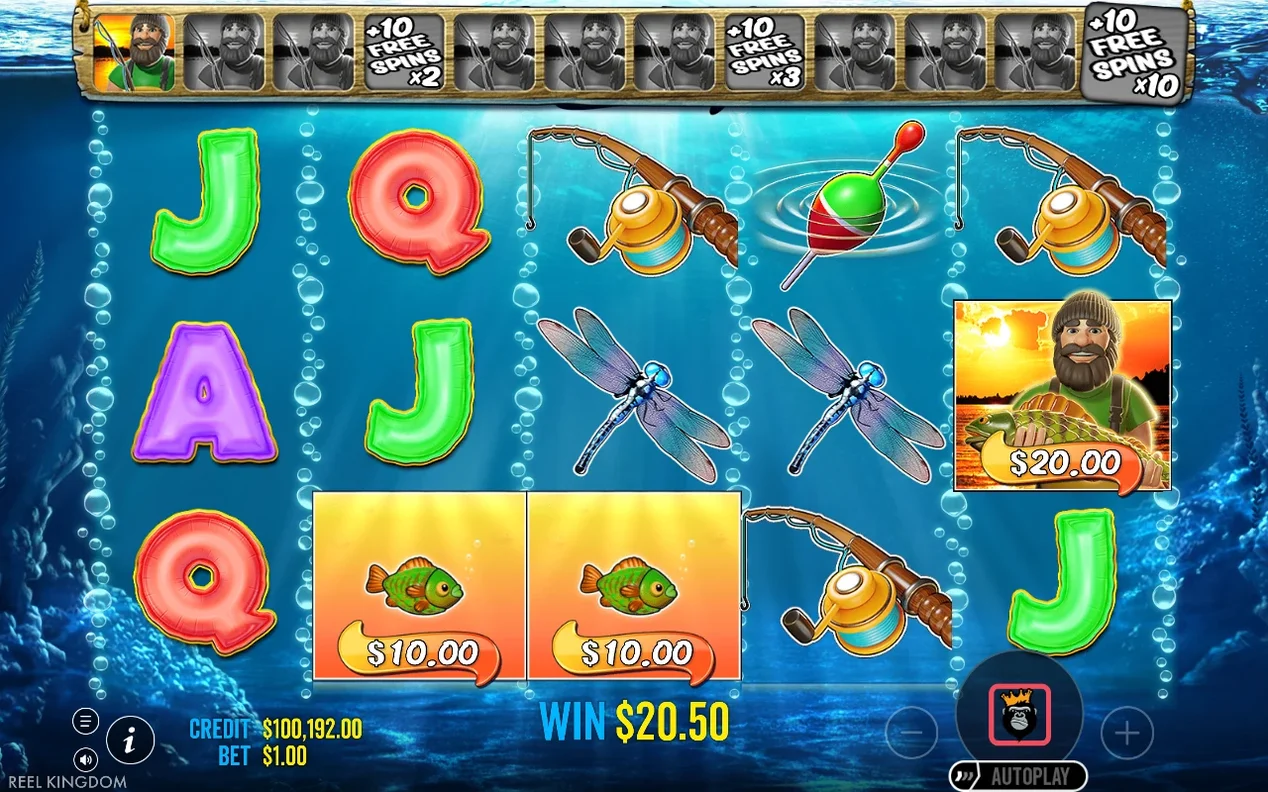 Fisherman WILD collects $20.00 while two $10.00 fish money tiles appear, tracker shows one wild filled, WIN $20.50.
