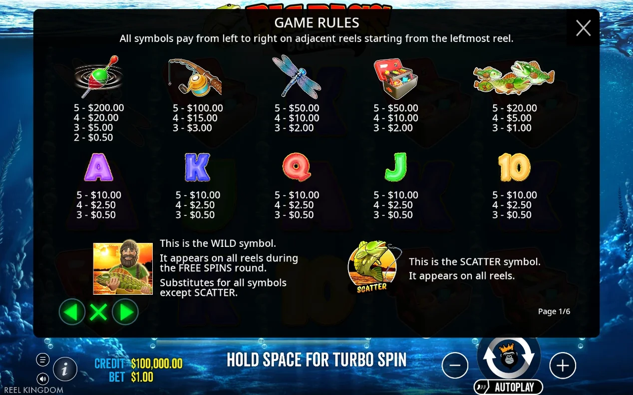 Page 1 of 6 details payouts for lure, rod and reel, dragonfly, tackle box, fish, wild and scatter symbols.