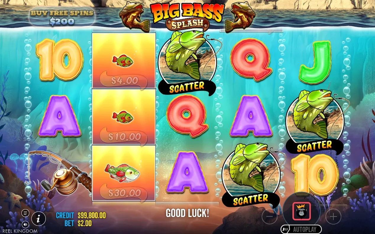 Three green Scatter fish appear with $4.00, $10.00 and $30.00 fish-value cards and a Good Luck message.