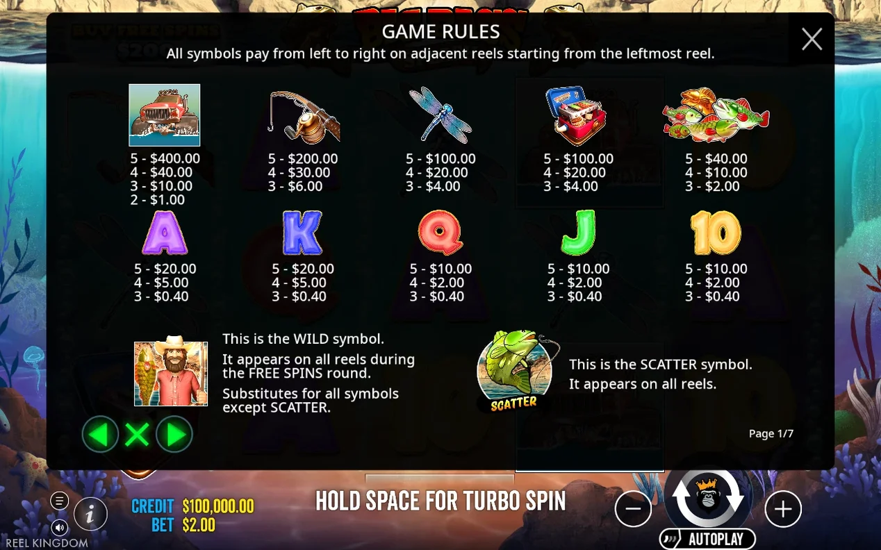 Game Rules page 1/7 lists truck, reel, dragonfly, tackle box and fish payouts, plus Wild and Scatter details.