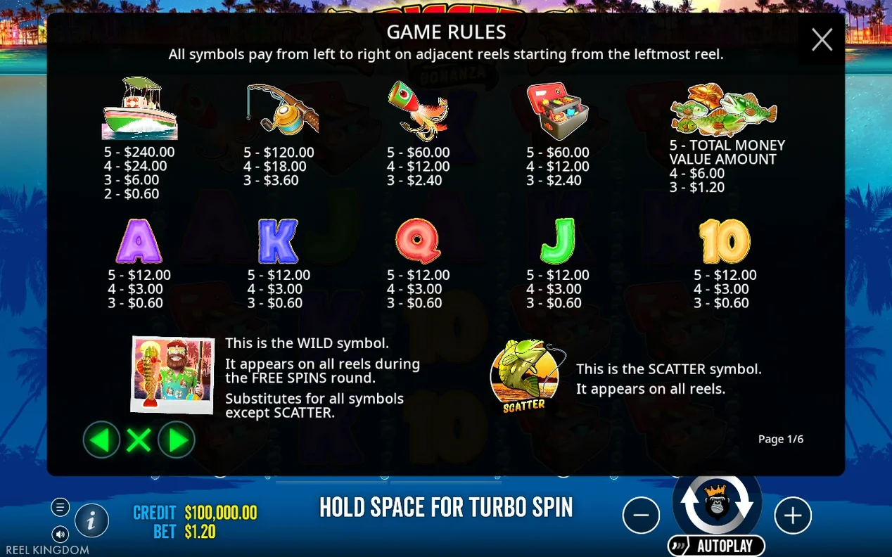 Game Rules page 1/6 lists payouts for boat, rod, lure, tackle box, money fish, letters, wild, scatter.