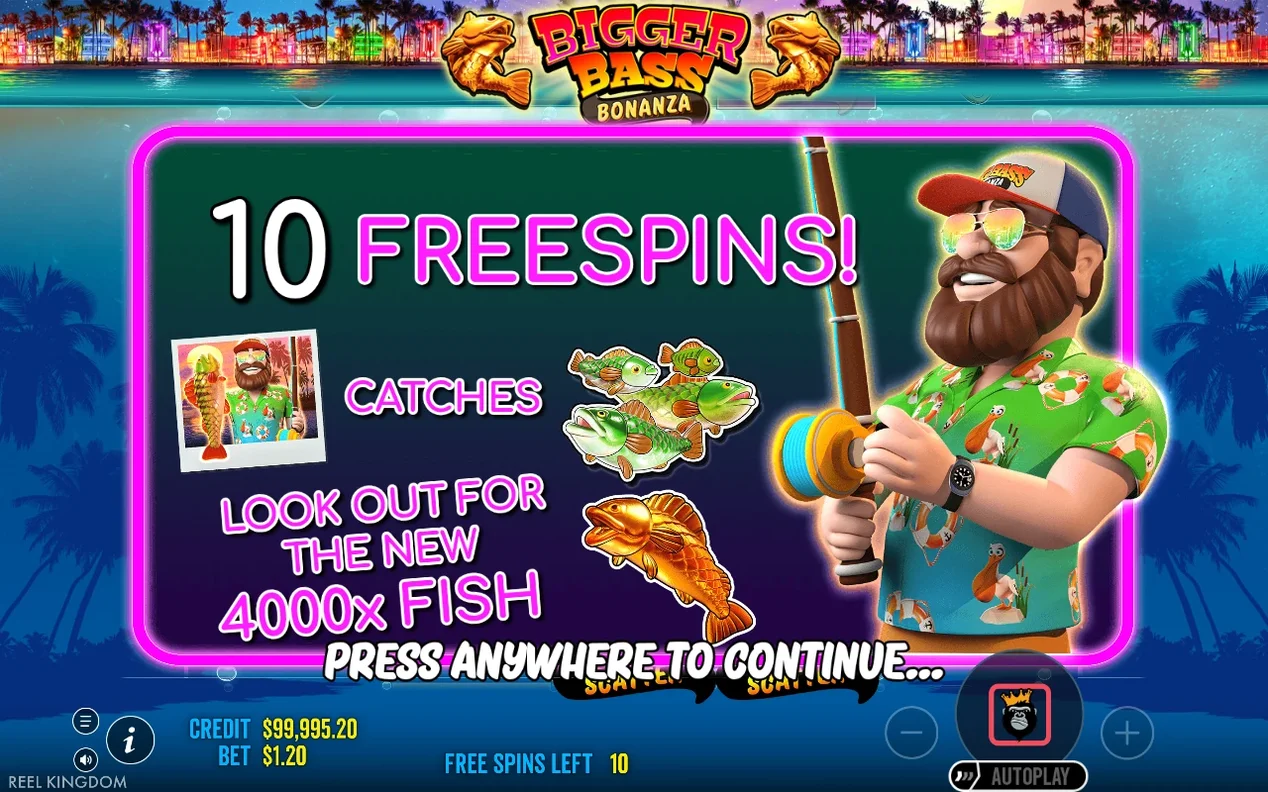 Pink neon banner reads 10 FREESPINS with fisherman, rod, bass catches and 4000x fish warning.