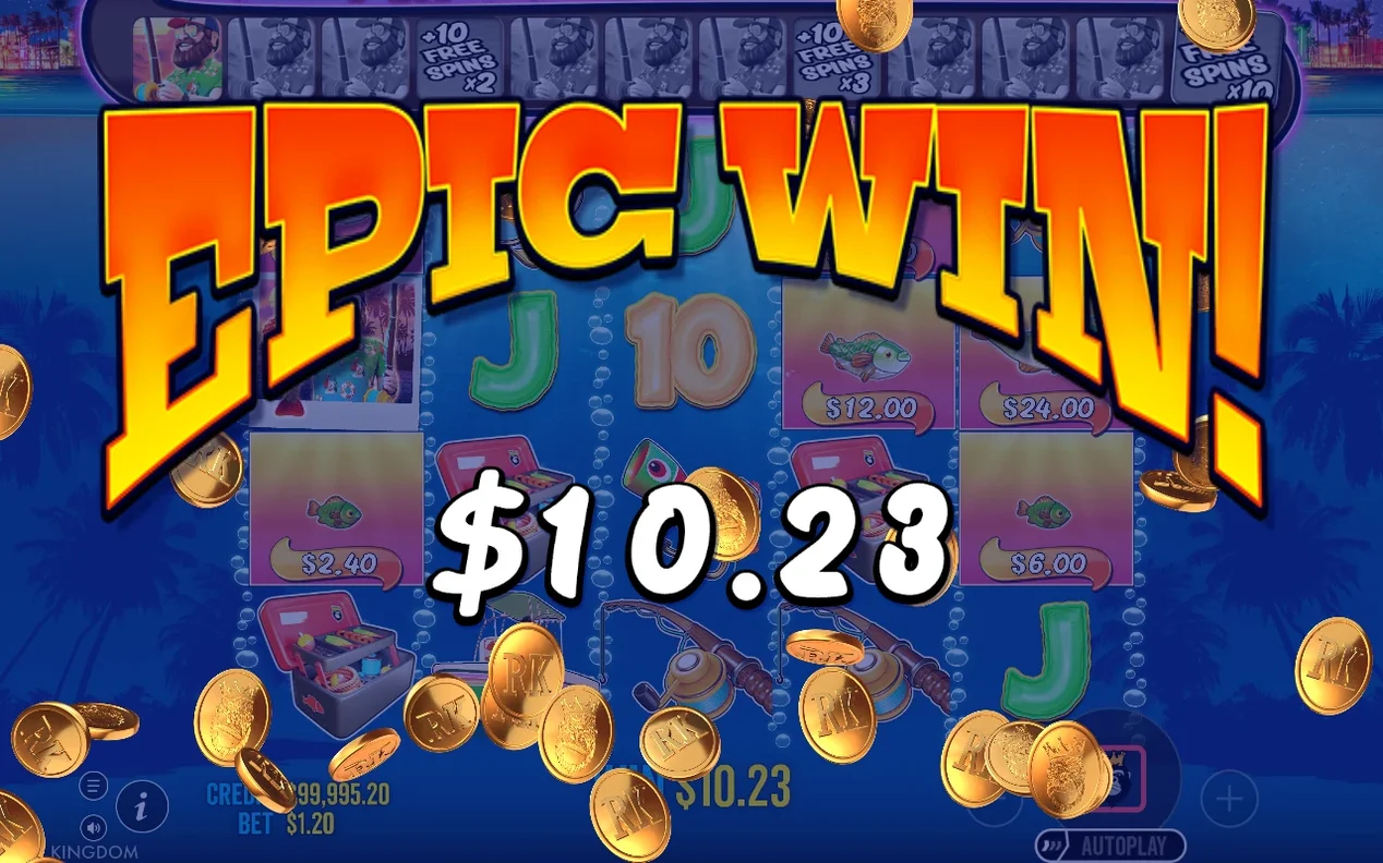 Epic Win overlay shows $10.23 as gold RK coins fall over $12, $24, $2.40 and $6 fish tags.
