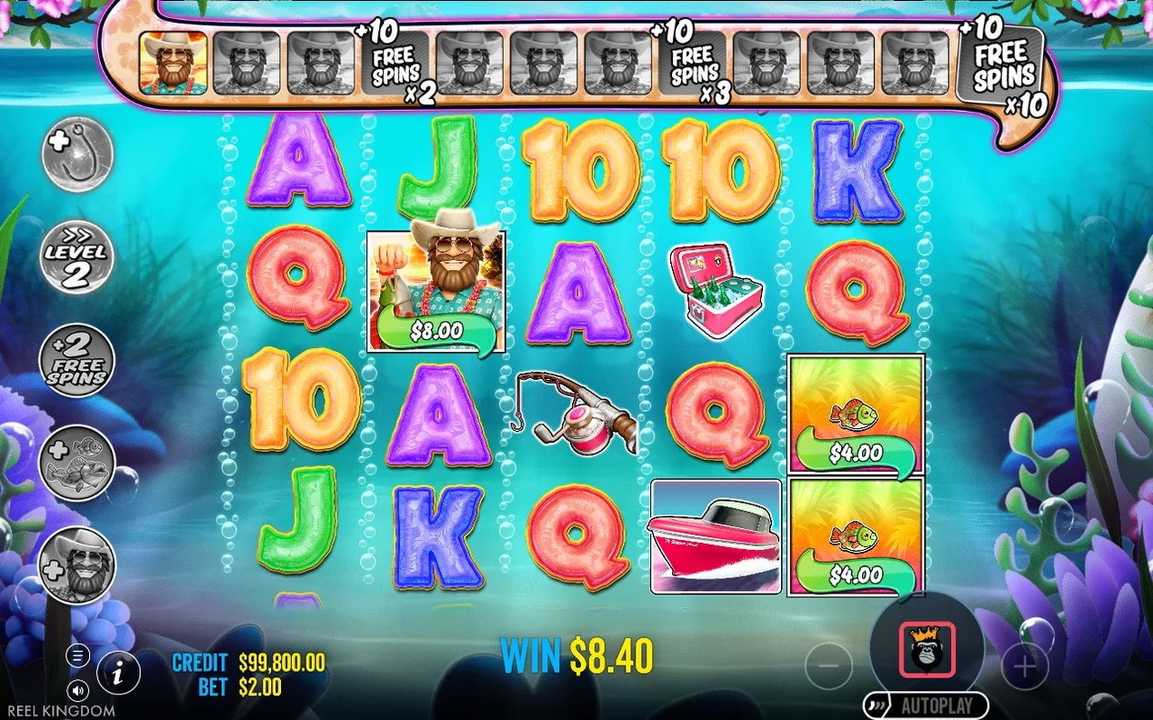 Free spins reel shows the WILD fisherman worth $8.00 beside $4.00 fish tiles, with WIN $8.40 shown below.