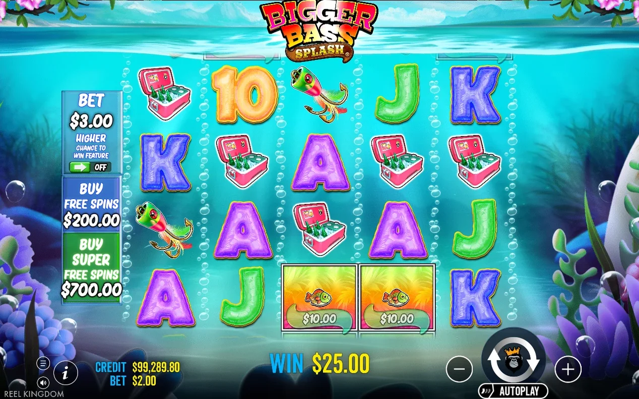 Base game reels show letters, coolers and two $10.00 fish tiles, with a $25.00 win displayed below.
