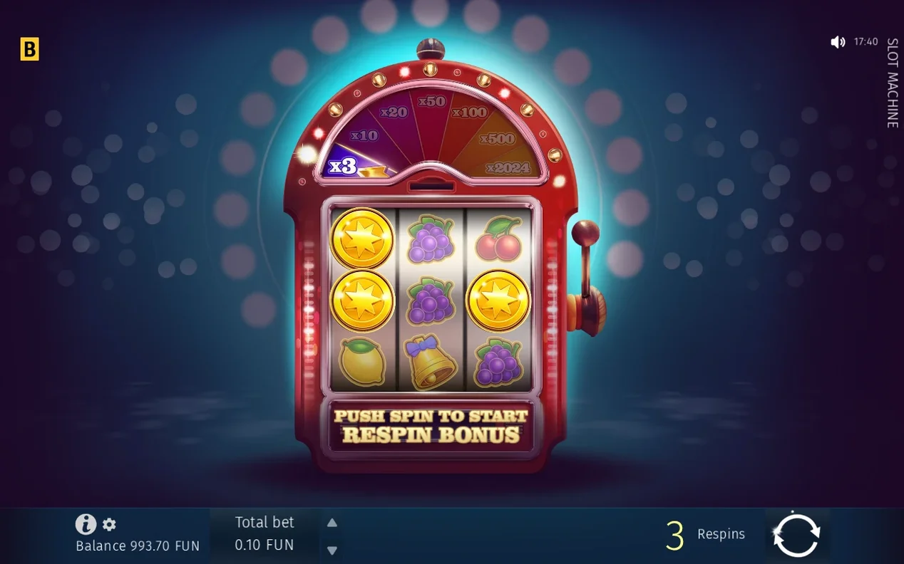 Bonus wheel lights wedge x3 as three star coins stick on the grid, 3 Respins counter shown, bet 0.10 FUN.