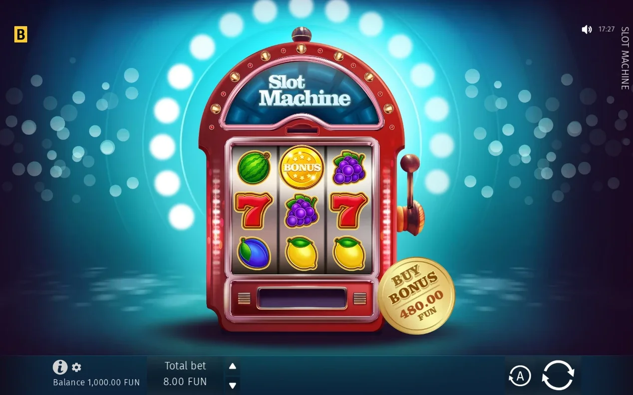 Base game grid shows a gold BONUS coin among fruit symbols, Buy Bonus priced at 480.00 FUN, bet 8.00 FUN.